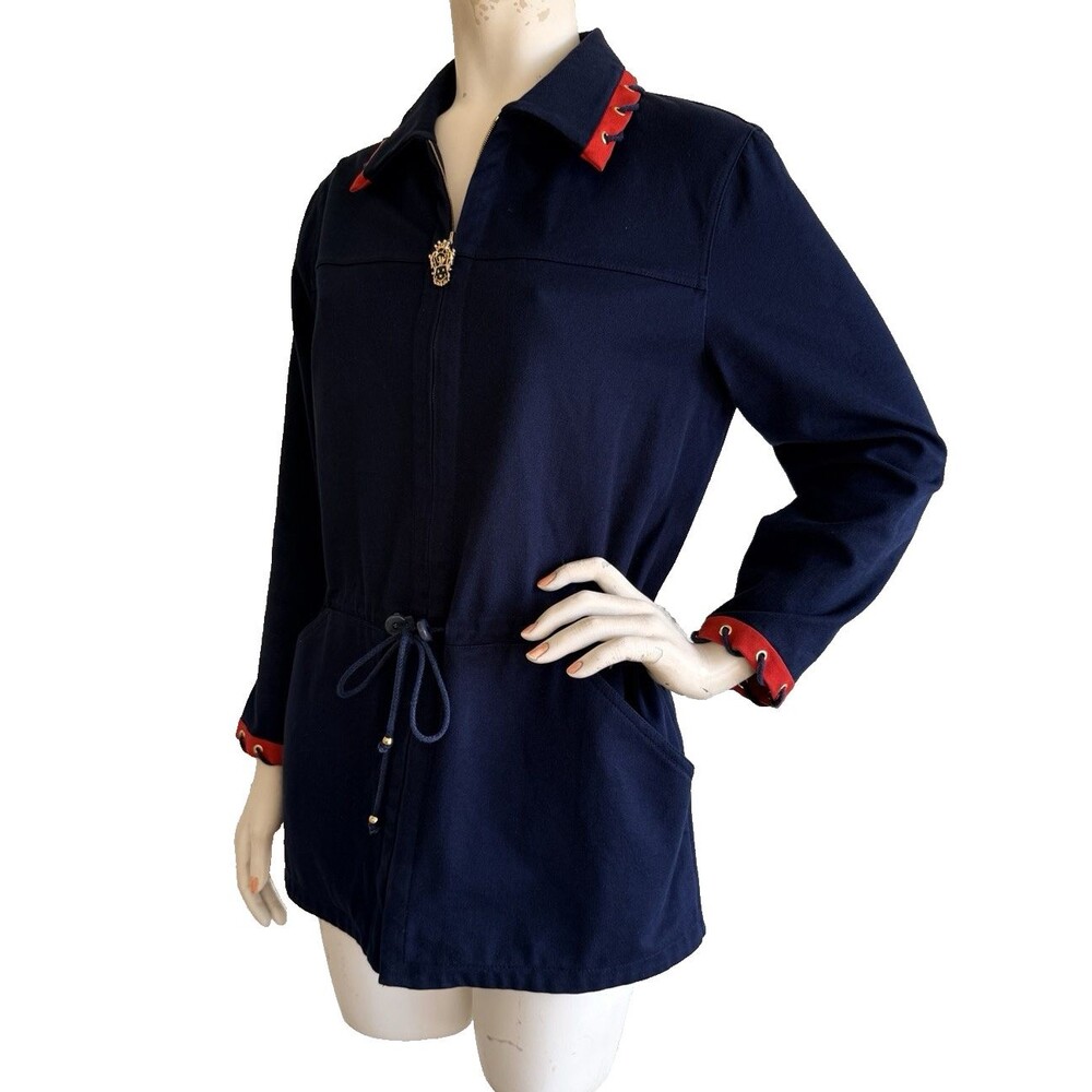 ST JOHN Sport Marie Gray Jacket VTG Navy Blue Zip Front Long Sleeve Size P